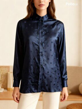 Jennifer Jones Blue Polka Dot Satin Blouse Long Sleeve Top